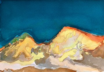 gouache-painting, watercolor-paintings, abstract, aesthetic, landscape, nature, sky, blue, brown, yellow, paper, watercolor, beautiful, contemporary-art, decorative, design, interior, interior-design, modern, modern-art, mountains, Buy original high quality art. Paintings, drawings, limited edition prints & posters by talented artists.