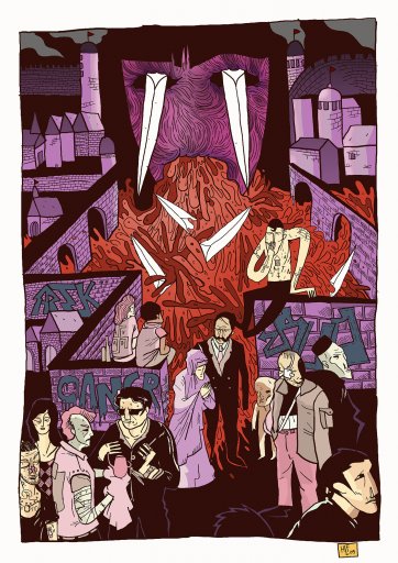 City | Posters-prints, Giclee-print | Halfdan Pisket | Beauton Art Gallery posters-prints, giclee-print, colorful, expressive, illustrative, pop, cartoons, people, sexuality, black, purple, red, ink, paper, buildings, cigarettes, cities, contemporary-art, copenhagen, dark, graffiti, wild, Buy original high quality art. Paintings, drawings, limited edition prints & posters by talented artists.