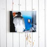 Art exhibition, REVERSED PASSENGER - 34 x 28. An original painting by artist Rafael Guerrero Céspedes. art online, art online, talented artists, airplanes, airports, trains, people, luggage, photography, photos