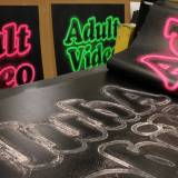 Adult Video Pink - 140 x 100 cm. Limited edition linocut print by Marta Banaszak ADULT VIDEO linocut_printing process