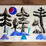 Midnight Walk | Drawings, Gouache-painting, Watercolor-paintings |  | Beauton Art Gallery drawings, gouache-painting, watercolor-paintings, colorful, family-friendly, figurative, landscape, minimalistic, pop, animals, botany, nature, wildlife, black, blue, gouache, ink, paper, beautiful, danish, decorative, design, forest, interior, interior-design, modern, mountains, nordic, plants, posters, pretty, prints, scandinavien, Buy original high quality art. Paintings, drawings, limited edition prints & posters by talented artists.