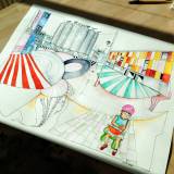 illustrations. Expressive modern art. buildings, colors, watermelon. talented artists, online art gallery.