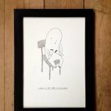 Art exhibition, I think I will stay here a little while - 30 x 21. An original illustration of My Buemann. The artwork is framed in a black wooden frame. Black and white illustrations perfect for home interior decoration, original art, gift idea, galleries, talented artists, illustrators