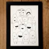 Art exhibition, Random people #1 - 21 x 30 - A4. An original art illustration by artist My Buemann. The artwork is framed in a black wooden frame. Housing decor with original art, quirky drawings fun and offbeat characters of talented artists.