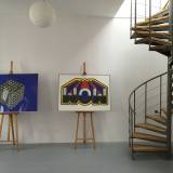 Magnetic cube blue - 140 x 100 cm. Limited edition linocut print by Marta Banaszak MAGNETIC CUBE linocut_private collection