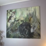 Nightingale & stone marten | Paintings | Louise Bech Pedersen | Beauton Art Gallery paintings, animal, colorful, figurative, illustrative, landscape, animals, botany, insects, wildlife, brown, green, grey, acrylic, flax-canvas, oil, autumn, contemporary-art, danish, design, interior, interior-design, modern, modern-art, nordic, scandinavien, Buy original high quality art. Paintings, drawings, limited edition prints & posters by talented artists.