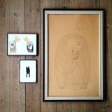 Art exhibition, Talking Heads - 25 x 19. An original collage of My Buemann. The collage is framed in a dark brown vintage wooden frame. collage perfect for home home decor, original art, gift idea, galleries, talented artists, illustrators