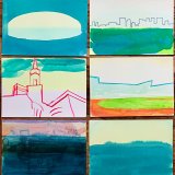 gouache-painting, watercolor-paintings, abstract, aesthetic, landscape, architecture, botany, sky, blue, green, orange, white, paper, watercolor, beautiful, buildings, cities, contemporary-art, decorative, design, interior, interior-design, modern, modern-art, Buy original high quality art. Paintings, drawings, limited edition prints & posters by talented artists.