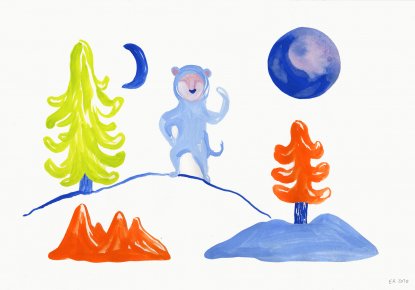 In Between Times | Drawings, Gouache-painting, Watercolor-paintings | Emilie Aastrup | Beauton Art Gallery drawings, gouache-painting, watercolor-paintings, colorful, family-friendly, figurative, graphical, illustrative, pop, animals, botany, movement, nature, wildlife, blue, green, orange, gouache, ink, paper, danish, decorative, design, interior, interior-design, modern, modern-art, nordic, plants, posters, pretty, scandinavien, Buy original high quality art. Paintings, drawings, limited edition prints & posters by talented artists.