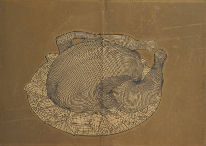 Chicken gold - 140 x 100 cm. Limited edition linocut print by Marta Banaszak CHICKEN linocut_Marta Banaszak