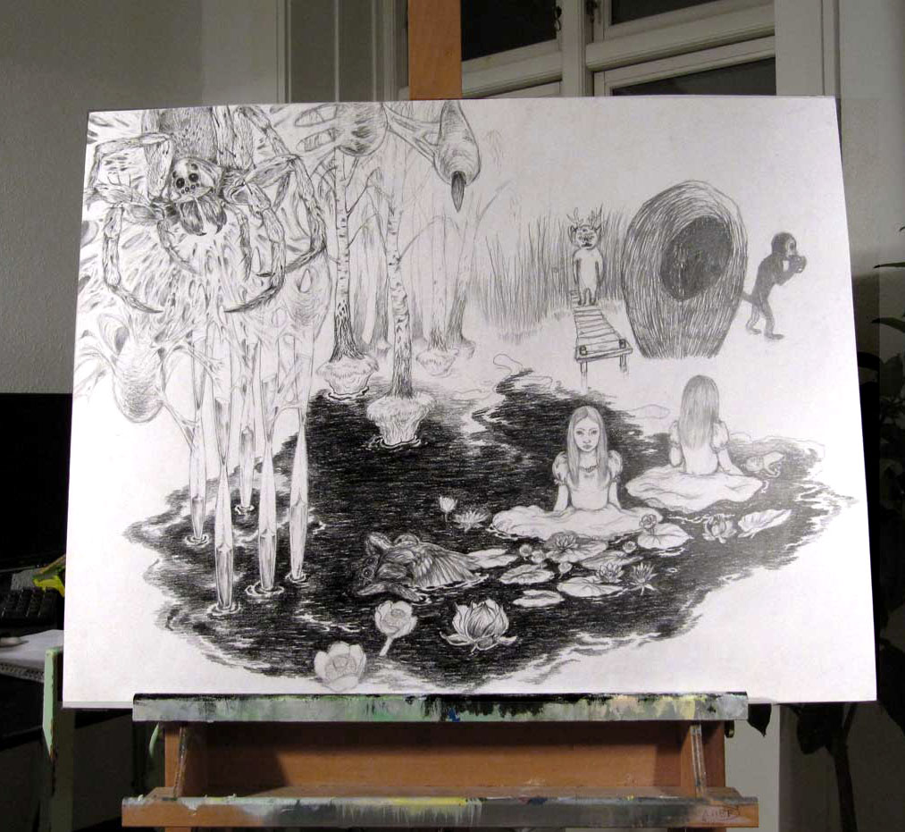 Time - 60 x 76. En original illustration af Louise Bech Pedersen. Beskyttet med klart stift plast/stift underlag af skiltekarton. Uden ramme. modern online art - interior decoration original art drawings galleries artists