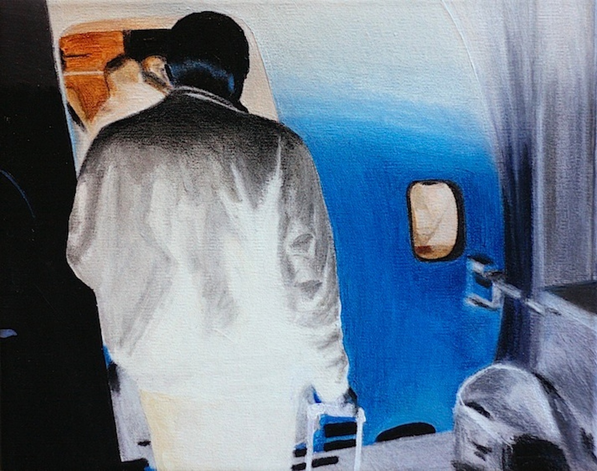 REVERSED PASSENGER - 34 x 28. An original painting by artist Rafael Guerrero Céspedes. art online, art online, talented artists, airplanes, airports, trains, people, luggage, photography, photos