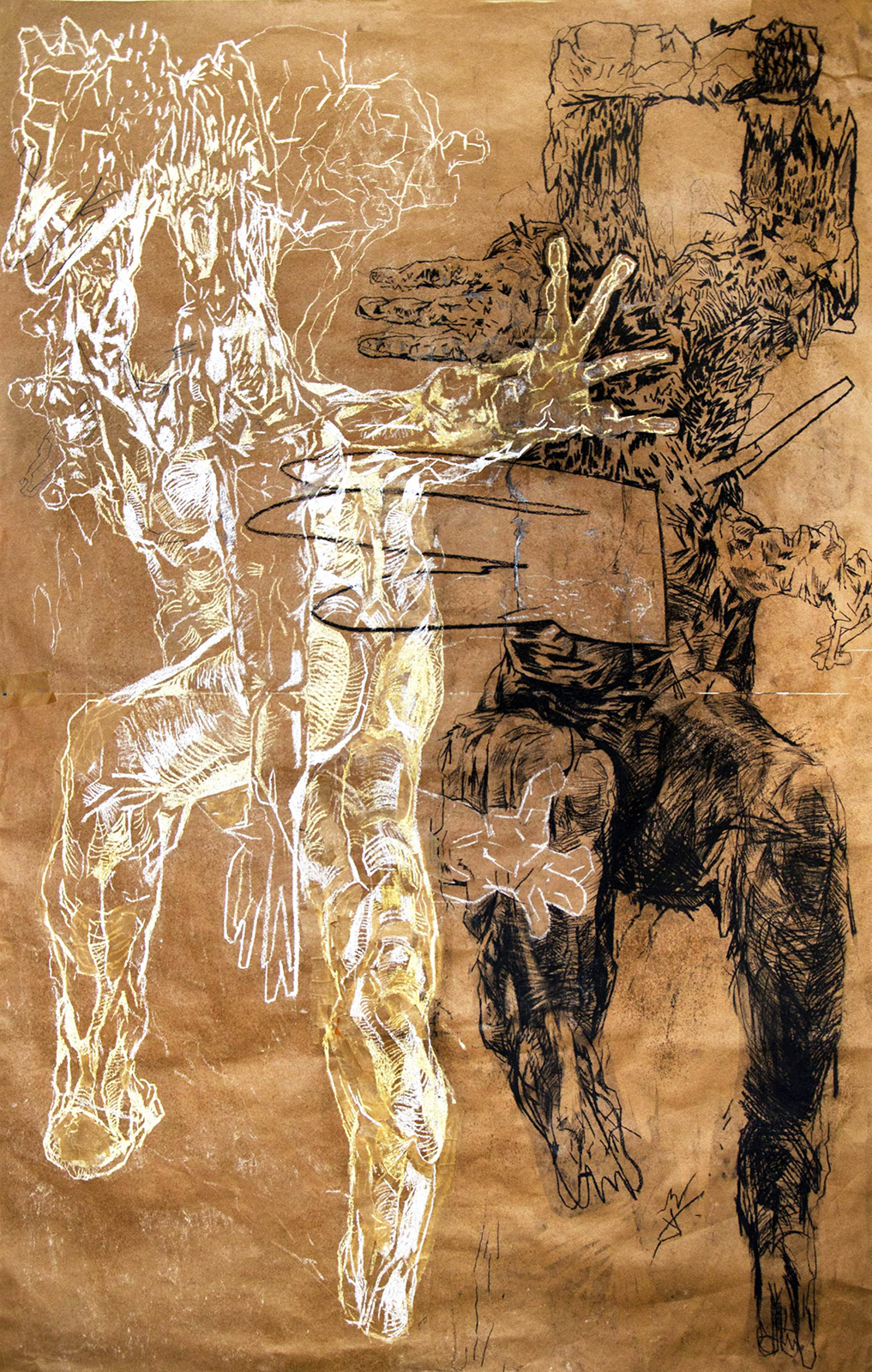 The Big Talk - 130 x 200 cm. Original oil painting Piotr Dudek  Two figures, one black, the other white, having an important talk. The poetry of the organic.  Keywords: paper, body, organic, drawing, expressionism, bacon