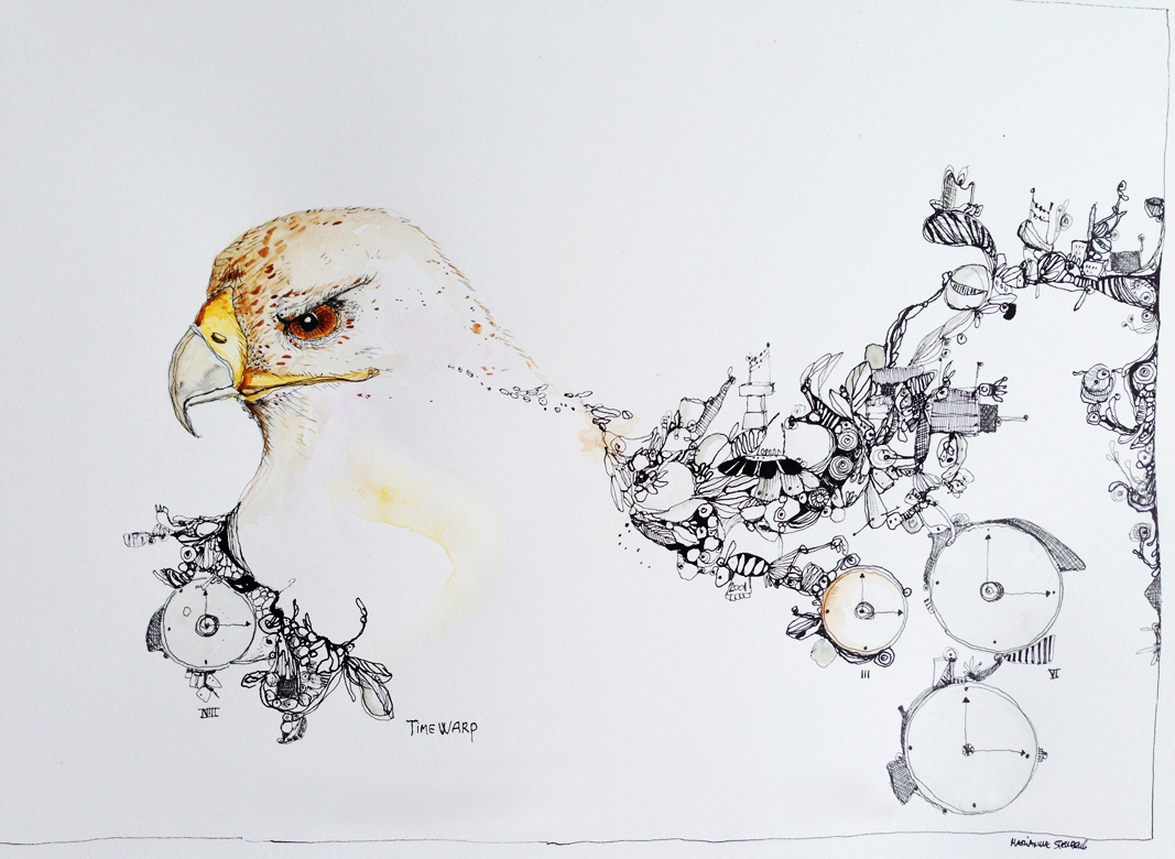 Timewarp - 40 x 29 cm. An original illustration by Marianne Stenberg  illustrations perfect for home home decor, original art, gift idea, galleries, talented artists, illustrators Collage on display in the frame