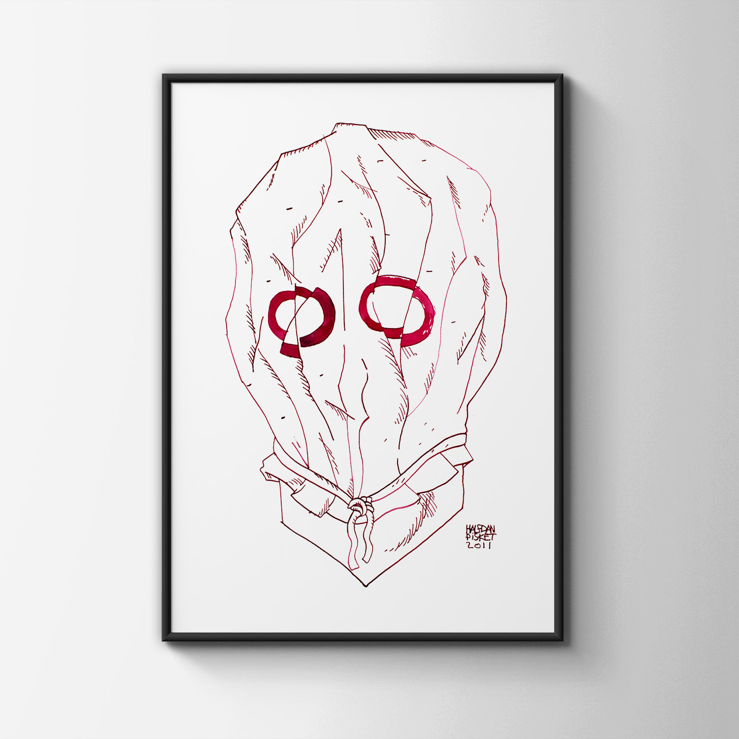 Mask II | Art-prints, Drawings, Giclee | Halfdan Pisket | Beauton Art Gallery art-prints, drawings, giclee, graphical, illustrative, portraiture, surrealistic, cartoons, moods, people, sexuality, red, white, ink, paper, marker, faces, men, sketch, Buy original high quality art. Paintings, drawings, limited edition prints & posters by talented artists.