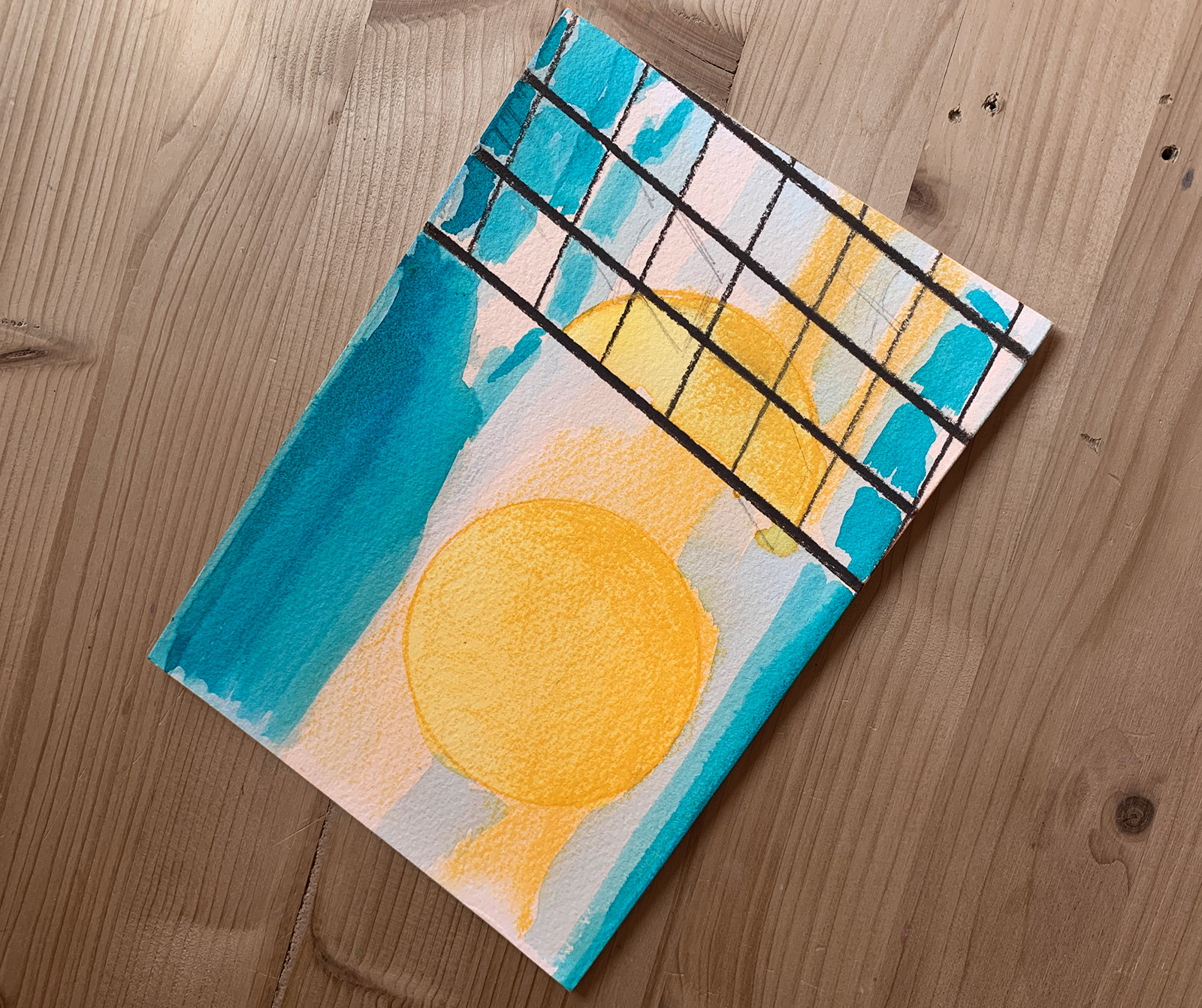 gouache-painting, watercolor-paintings, geometric, graphical, architecture, patterns, sky, blue, turquoise, yellow, gouache, paper, watercolor, beautiful, buildings, cities, contemporary-art, decorative, design, interior, interior-design, modern, modern-art, sun, Buy original high quality art. Paintings, drawings, limited edition prints & posters by talented artists.