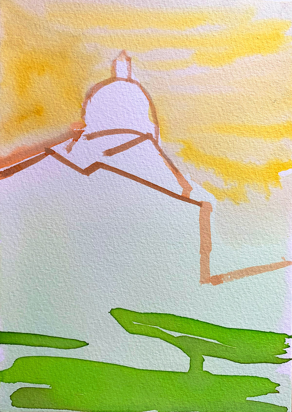 gouache-painting, watercolor-paintings, aesthetic, figurative, illustrative, architecture, religion, sky, green, red, white, yellow, gouache, paper, watercolor, beautiful, contemporary-art, decorative, design, interior, interior-design, modern, modern-art, Buy original high quality art. Paintings, drawings, limited edition prints & posters by talented artists.