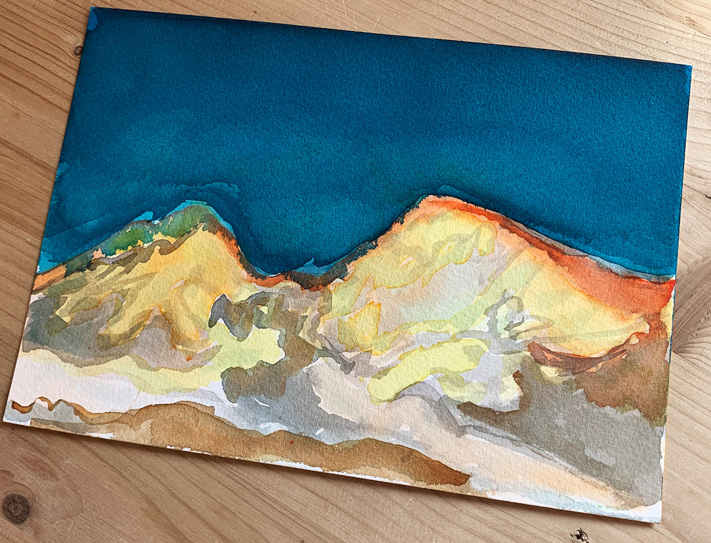 gouache-painting, watercolor-paintings, abstract, aesthetic, landscape, nature, sky, blue, brown, yellow, paper, watercolor, beautiful, contemporary-art, decorative, design, interior, interior-design, modern, modern-art, mountains, Buy original high quality art. Paintings, drawings, limited edition prints & posters by talented artists.