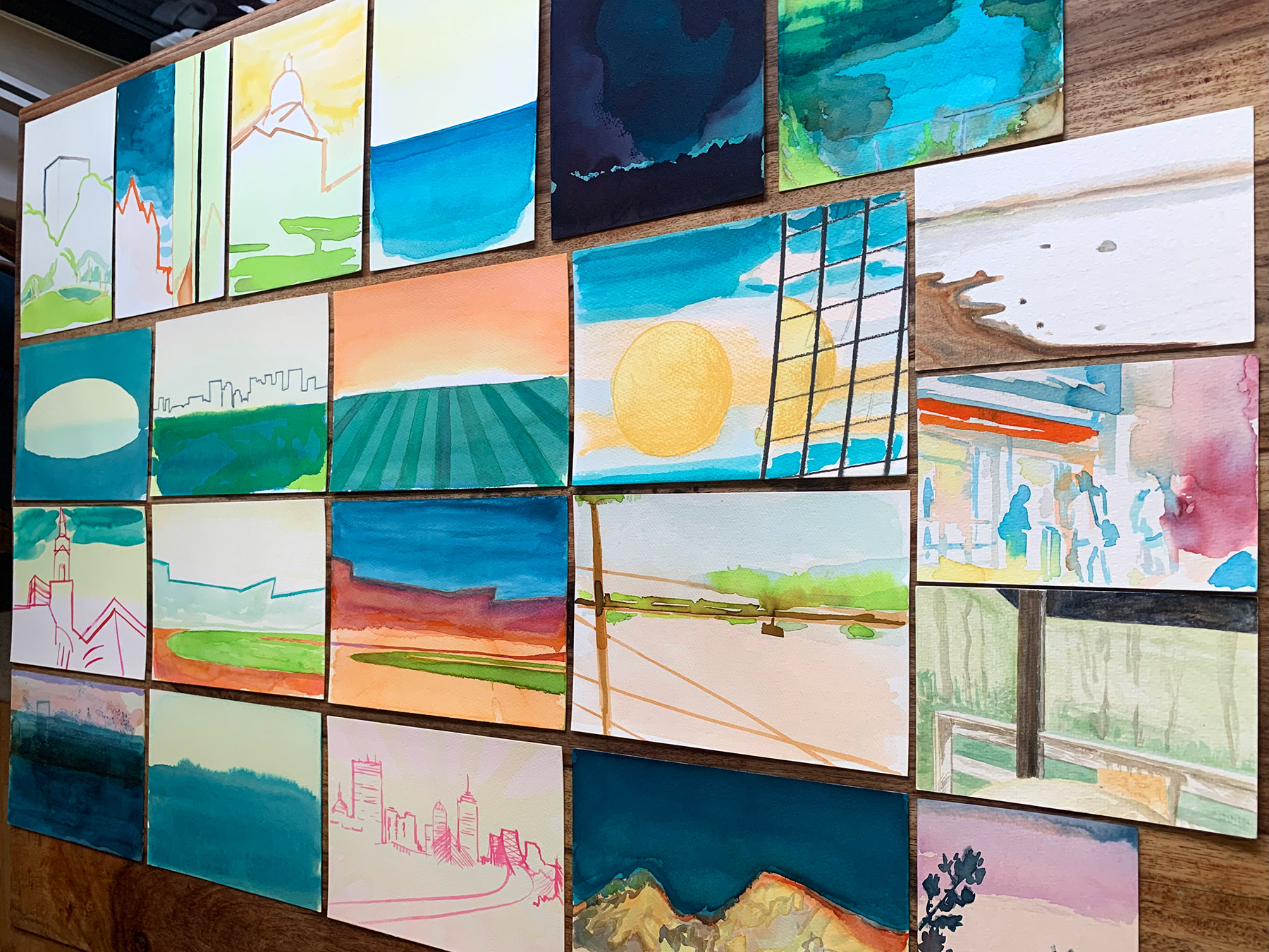 gouache-painting, watercolor-paintings, aesthetic, figurative, illustrative, minimalistic, architecture, patterns, sky, blue, green, pink, turquoise, gouache, paper, watercolor, beautiful, buildings, cities, contemporary-art, decorative, design, interior, interior-design, modern, modern-art, Buy original high quality art. Paintings, drawings, limited edition prints & posters by talented artists.