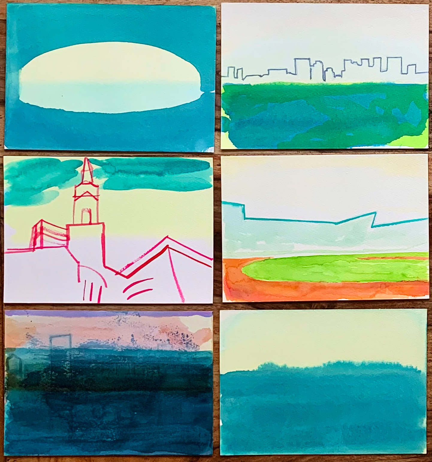 gouache-painting, watercolor-paintings, abstract, aesthetic, landscape, architecture, botany, sky, blue, green, orange, white, paper, watercolor, beautiful, buildings, cities, contemporary-art, decorative, design, interior, interior-design, modern, modern-art, Buy original high quality art. Paintings, drawings, limited edition prints & posters by talented artists.