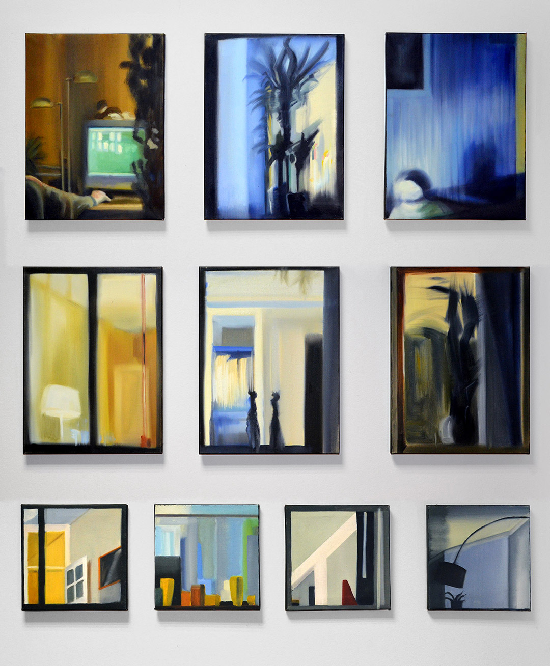 Windows VIII | Paintings | Noemi Staniszewska | "Windows VIII"Original oil painting by Noemi StaniszewskaThe Windows series is a pictorial tale of urban walks through the residential neighborhoods of the Hague. It is the result of observing the uncovered windows of Dutch houses, a recording of fragments of someone else's reality – intimate and yet exposed to public view.The window here is the boundary between private and foreign. It is a place where gazes meet, place of confrontation with what is outside. In this case, the situation of looking in the windows is also an expression of the emigration experience – the observer, although sees, remains outside of what he looks at, as always an outsider. Voyeurism is a manifestation of curiosity, perhaps longing, but at the same time it involves a violation of boundaries. | Beauton Art Gallery paintings, aesthetic, figurative, graphical, minimalistic, architecture, everyday life, patterns, people, beige, black, yellow, cotton-canvas, oil, beautiful, contemporary-art, decorative, design, interior, interior-design, modern, modern-art, windows, Buy original high quality art. Paintings, drawings, limited edition prints & posters by talented artists.